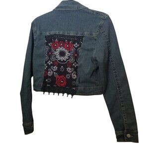 Women's Y2k 90s Lace Embroidered Cropped Jean Jacket Sz S